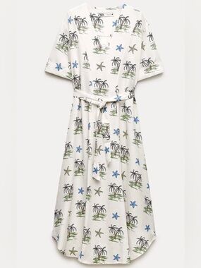 Zara ZW Collection Ecru Printed Midi Shirtdress